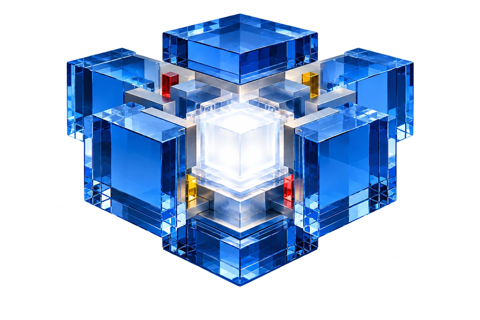 An illustrative glass-blue modular structure opening around a bright core