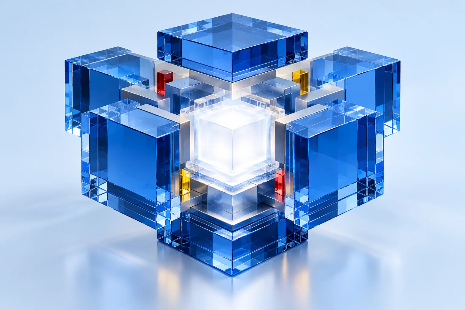 An illustrative glass-blue modular structure opening around a bright core