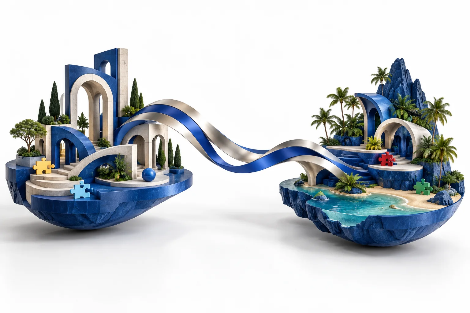 Illustrative blue architectural islands joined by a flowing ribbon, representing connection between France and the Philippines